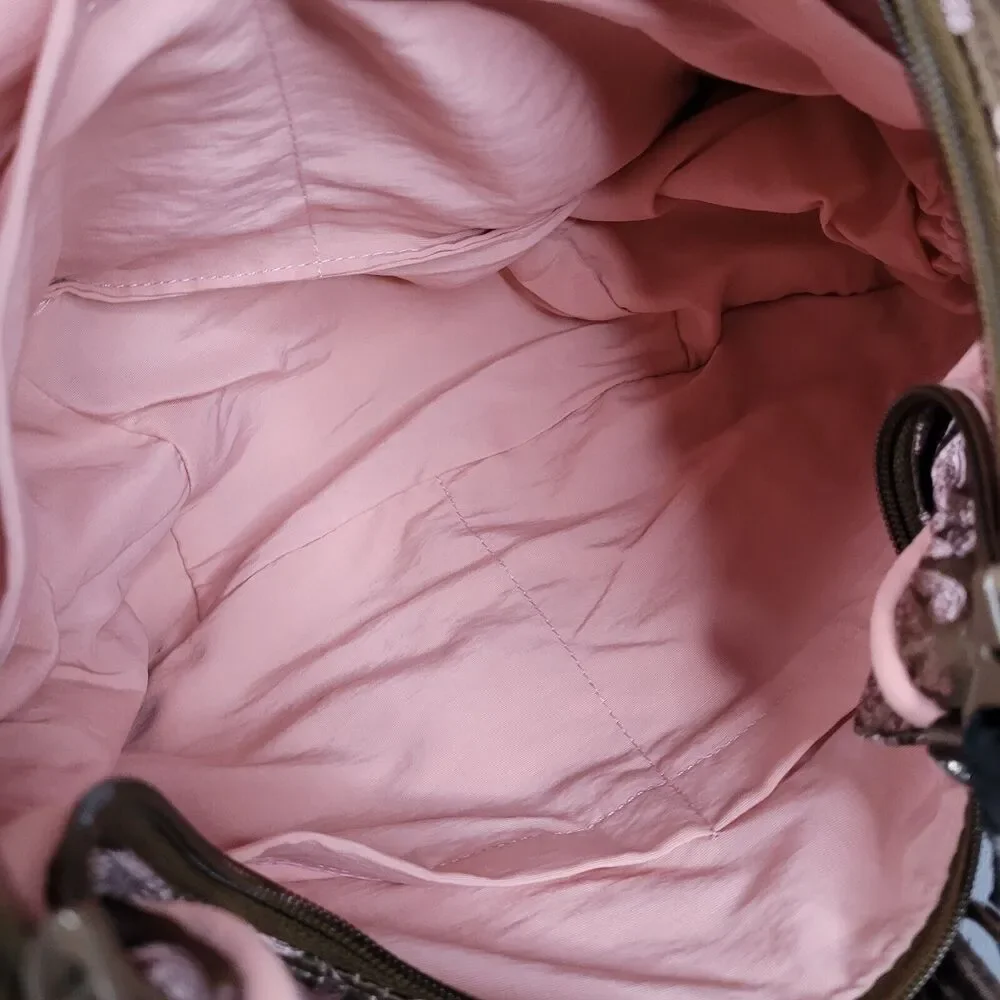 Petunia Pickle Bottom Touring Tote Diaper Bag Half Moon Pink Brown Satin Paisley